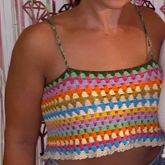 New Society Mano x Free People Colorful June M Green Crochet Handmade Crop Tank - Picture 10 of 14